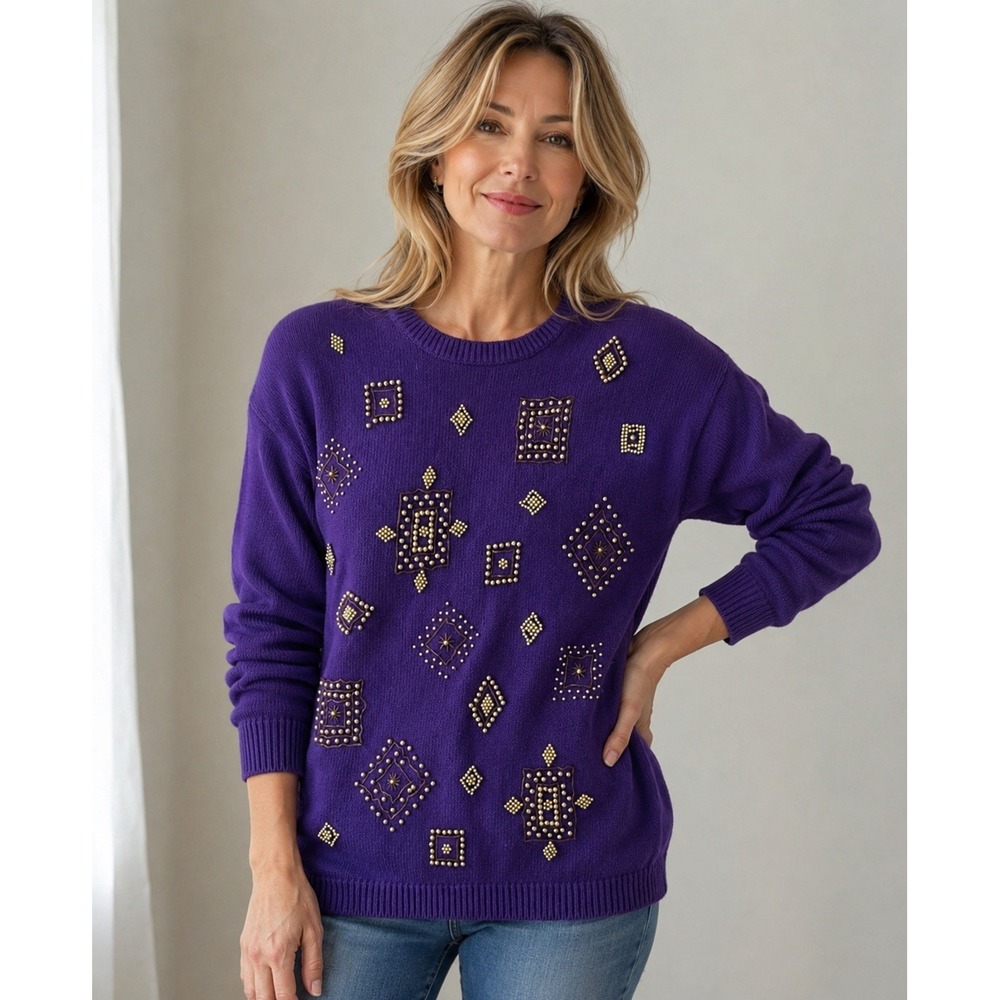 VTG 80s 90's Victoria Jones Purple Gold Beaded Embellished Oversized Sweater - M